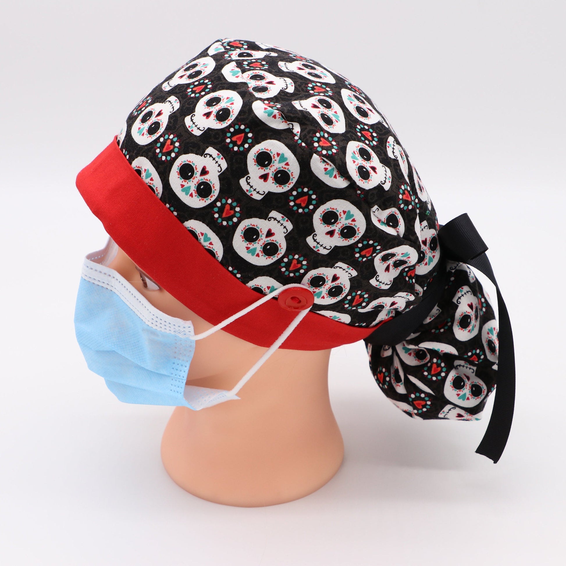 Sugar Skull Ponytail Holder Scrub Cap