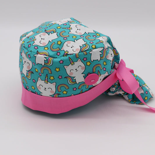 Nurse Scrub Cap: Unicorn Kitty, Ponytail Holder Scrub Cap, Nursing Scrub Cap, Surgical Scrub Cap