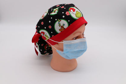 Grinch Nurse Scrub Cap, Nurse Ponytail Holder Scrub Cap, Nurse Scrub Cap, Medical Surgical Cap, Nurse Hair Covering, Christmas Nurse Cap
