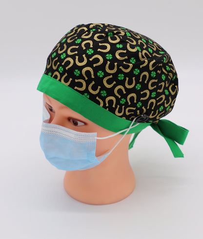 St. Patrick's Day Nursing Scrub Cap, St. Patty's Nurse Cap, Four Leaf Clover Scrub Cap, Ponytail Holder Scrub Cap, Surgical Scrub Cap