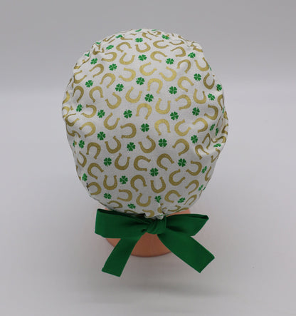 St. Patrick's Day Nursing Scrub Cap, St. Patty's Nurse Cap, Four Leaf Clover Scrub Cap, Ponytail Holder Scrub Cap, Surgical Scrub Cap