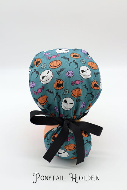 Jack Skellington Scrub Cap, Nightmare Before Christmas Scrub Cap, Nursing Scrub Cap, Ponytail Holder Cap, Halloween Scrub Cap, RN Scrub Cap