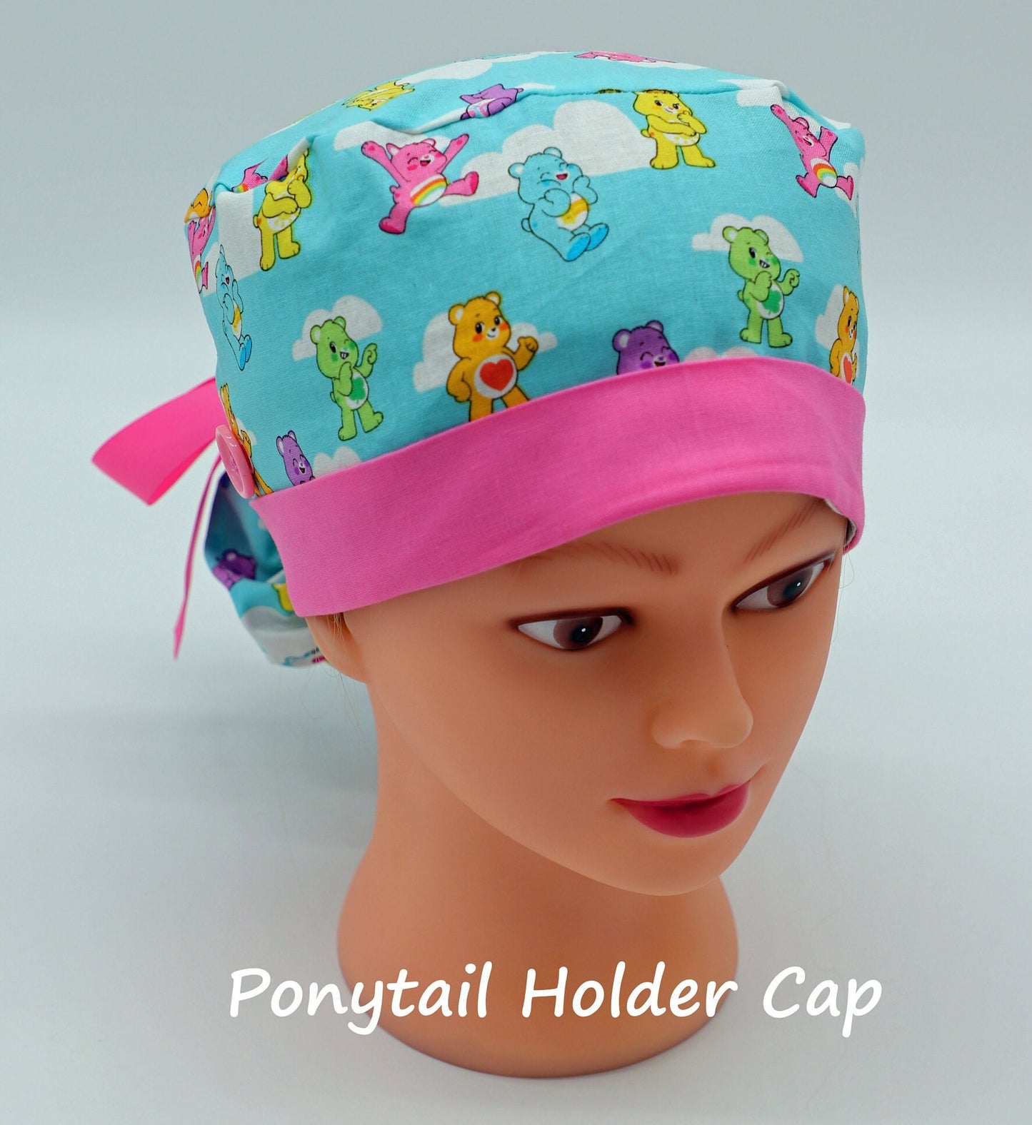 Care Bear Scrub Cap, Ponytail Holder Cap, Nursing Scrub Cap, Medical Surgical Scrub Cap, Nurse Hair Cover, Fun Nurse Scrub Cap, RN Scrub Cap