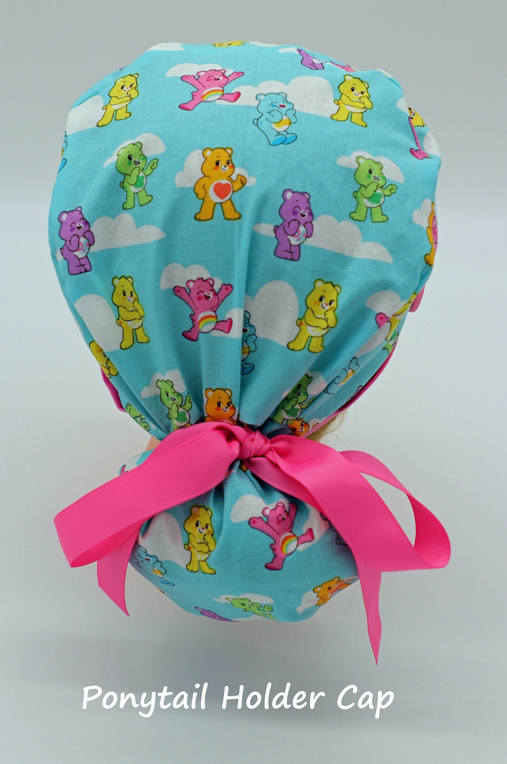 Care Bear Scrub Cap, Ponytail Holder Cap, Nursing Scrub Cap, Medical Surgical Scrub Cap, Nurse Hair Cover, Fun Nurse Scrub Cap, RN Scrub Cap