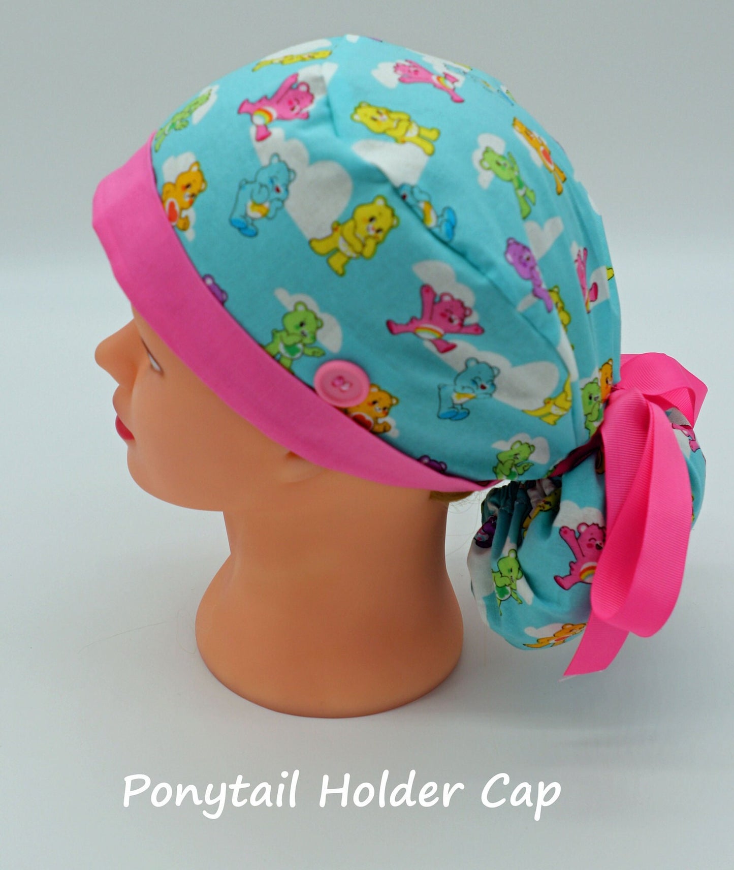 Care Bear Scrub Cap, Ponytail Holder Cap, Nursing Scrub Cap, Medical Surgical Scrub Cap, Nurse Hair Cover, Fun Nurse Scrub Cap, RN Scrub Cap